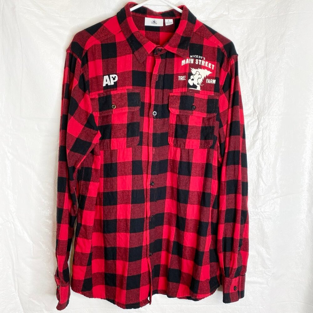 Disney Mickey Mouse Mainstreet Tree Farm Buffalo Plaid Flannel Shirt Sz L